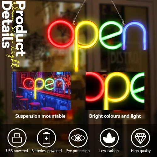 Vista 3 de Letrero LED abierto, 7 x 13.8 pulgadas, letreros abiertos para negocios, luz nocturna de neón abierta, decoración de pared, letreros abiertos LED