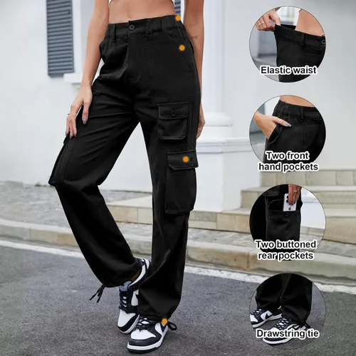 Vista 3 de Pantalones cargo de senderismo para mujer, de algodón, casuales, militares, con 7 bolsillos