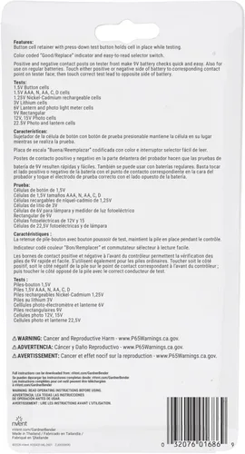 Vista 4 de Gardner Bender GBT-500A Probador de Baterías Analógico 1.5 V Celda de Botón/22.5 Foto/AA/AAA/12 V/9 V/Celdas de Linterna y Más, con Cables, Rango