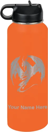 Vista 41 de LaserGram Botella de agua con tapa abatible de doble pared de 12 onzas con pajilla, dragón, grabado personalizado incluido (negro)