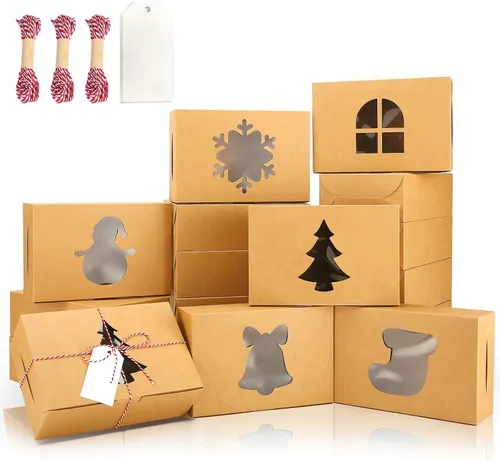 Vista 17 de 24 piezas Cajas de pastelería marrones con ventana, cajas de galletas de Navidad pequeñas de 4x4x2.5 pulgadas, cajas de regalo de Navidad