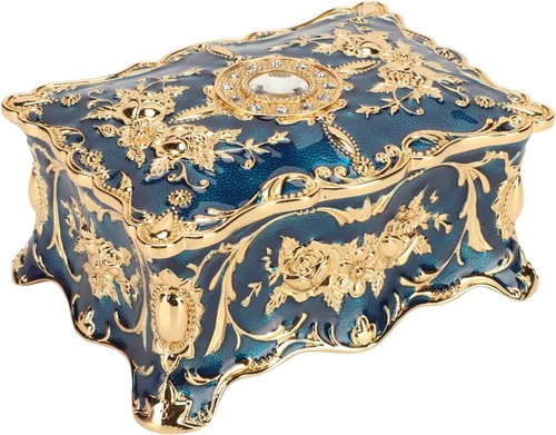 Vista 6 de TOPINCN Organizador de baratijas, caja de joyería para prevención de óxido, aleación de zinc, elegante para aniversario (azul dorado)