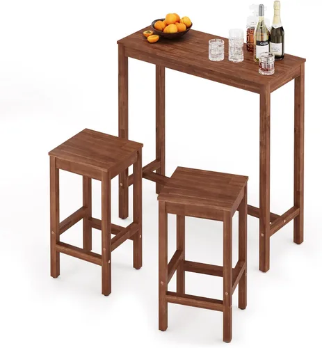 Vista 8 de Taburetes de bar de 26 pulgadas, juego de 2 sillas de bar, asiento de encimera de cocina con reposapiés, taburetes de madera de acacia para comedor