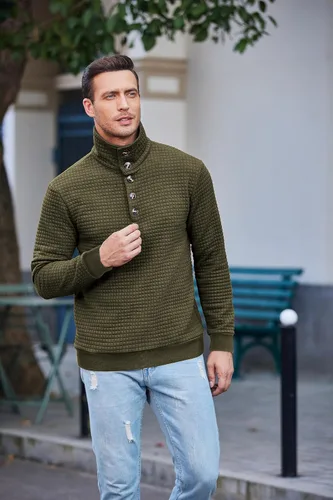 Vista 2 de COOFANDY Sudadera con cuello de cuarto para hombre, suéter de manga larga con diseño de gofres