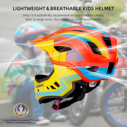 Vista 2 de ROCKBROS Casco integral para niños Cascos de bicicleta para niños Casco ligero de bicicleta de montaña para niños pequeños Desmontable para MTB BMX