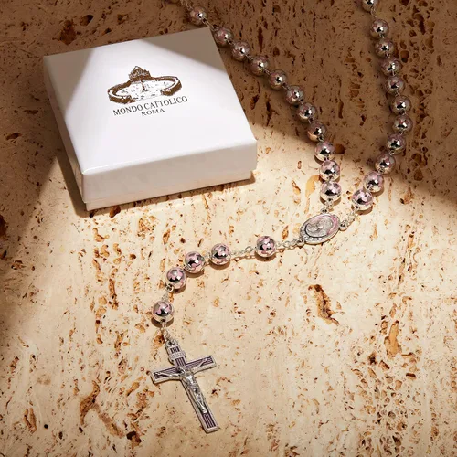 Vista 3 de Rosario católico para mujeres y hombres bendecidos durante el ángelus del Papa Rosario del Sagrado Corazón de Jesús en cuentas de color plateado