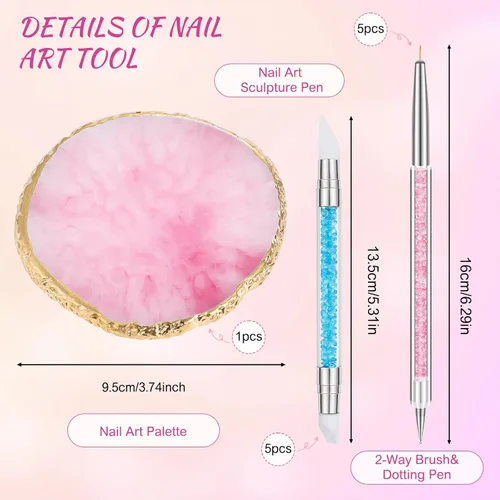 Vista 2 de BESARME 11 herramientas de arte de uñas, paleta de arte de uñas con 5 bolígrafos de escultura artística de uñas y bolígrafo de puntos de 2 vías