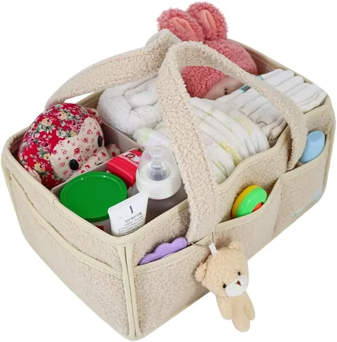 Vista 9 de Buzz&Bloom Organizador de pañales de peluche para bebé, elegante cesta de almacenamiento para artículos esenciales para recién nacidos y estación
