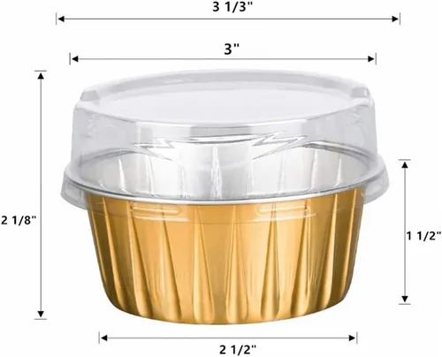 Vista 2 de Paquete de 100 tazas de papel de aluminio para hornear con tapas, tazas de postre de 5 onzas, moldes para magdalenas, moldes desechables para Oro