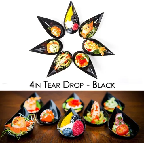 Vista 4 de DLux 100 platos mini de aperitivo en forma de gota de 4 pulgadas, cucharas reutilizables de plástico negro - Platos para servir postres y aperitivos