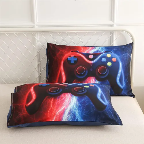 Vista 9 de Meeting Story Juego de ropa de cama con estampado de consola de videojuegos rojo y azul para niños, consola de juegos, botones de acción, colorido
