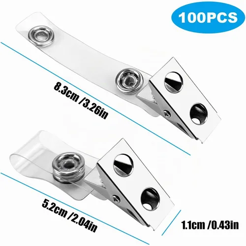 Vista 2 de DE 100 clips de metal para insignias con correas transparentes de PCV, adaptador de clip para correa de identificación, clips de identificación