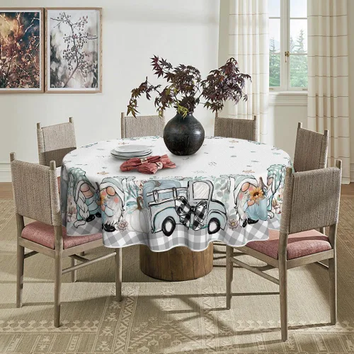 Vista 3 de Horaldaily Mantel redondo de otoño de 60 x 60 pulgadas, para decoración de mesa de fiesta de picnic y cena de Acción de Gracias, camión azul, gnomo