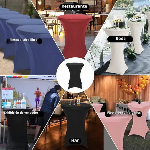 Vista 7 de FestiCorp Mantel de Mesa Negro de Spandex, Manteles Ajustados para Cóctel, Manteles Elásticos Redondos para Mesa Alta para Fiestas, Bar, Bodas