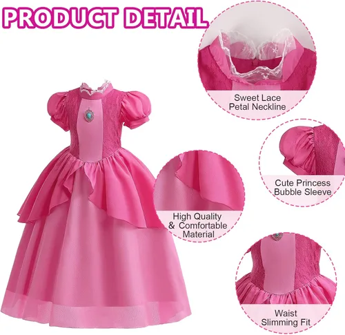 Vista 6 de WYB Princess Peach Costume Dress Halloween Cosplay Dress Up for 3-9 Years Girls Kids Outfits with Crown Gloves Scepter Earing