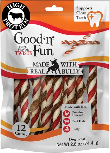 Vista 14 de GOOD 'N' FUN Giros de triple sabor con masticables Bully, golosinas para perros con alto contenido de proteínas para todos los perros adultos
