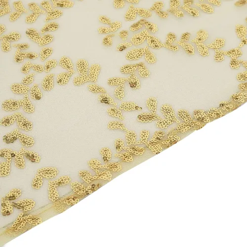 Vista 8 de Efavormart - Superposición de mesa de tul bordado de hojas de lentejuelas doradas de 72 x 72 pulgadas, mantel cuadrado transparente