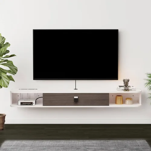 Vista 10 de Unidad de TV flotante, armario de TV montado en la pared de 47 pulgadas, estantes flotantes con puerta, centro de consola multimedia