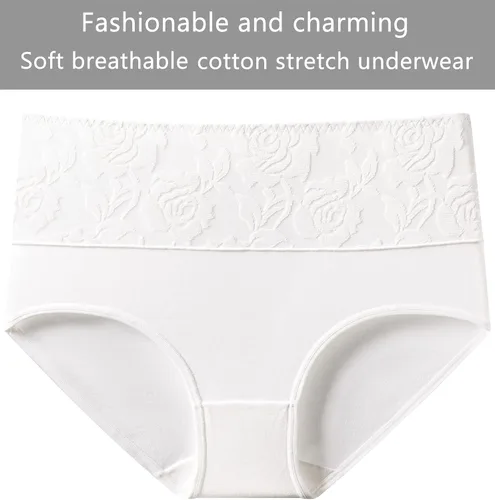 Vista 5 de HAVVIS - Ropa interior de cintura alta y de algodón para mujer, que disimula la barriga, jacquard con rosas, paquete múltiple