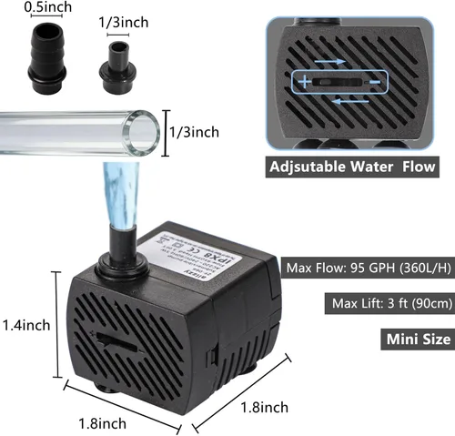 Vista 3 de alizzy - Bomba de agua pequeña ultra silenciosa de 95 GPH (360 L/H, 5 W), mini bomba de agua sumergible de larga duración con tubo para fuente