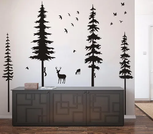 Vista 8 de Calcomanías de pared de pino, calcomanías de vinilo de bosque con calcomanías de pared de animales, ardillas y ciervos, decoración de guardería Negro
