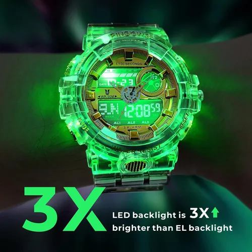 Vista 4 de Relojes PINDOWS para hombre, transparente dorado, analógico digital, doble hora, 50M resistente al agua, retroiluminación LED, multifuncional