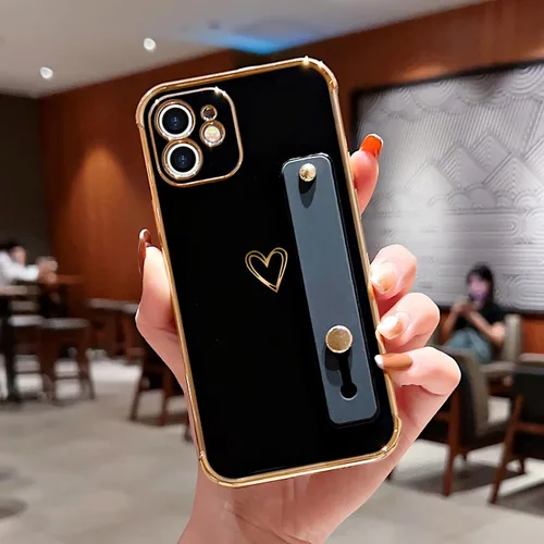 Vista 2 de LLZ.COQUE Funda compatible con iPhone 12 para mujeres y niñas, parachoques chapado de lujo con bonito diseño de corazón de amor, soporte de correa