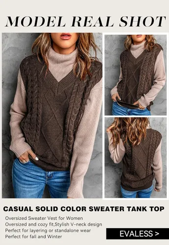 Vista 8 de EVALESS Chaleco de gran tamaño para mujer, cuello en V, sin mangas, color sólido, suéter suelto