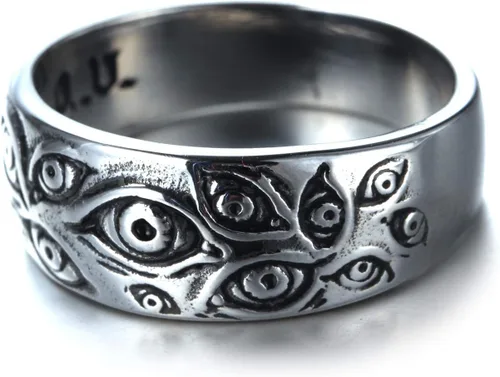 Vista 2 de PMTIER - Anillo vintage de acero inoxidable con grabado de ojo de dios para hombre, tono plateado
