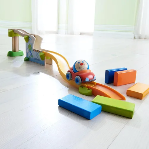 Vista 6 de HABA Juego de carreras de pelota y pista con coche y dominó, 16 piezas Kullerbü Marble Runs y juegos de construcción para niños de 2 años