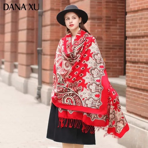 Vista 4 de DANA XU 100% pura lana merino extra grande pashmina cachemira bufanda chal y envoltura para mujeres invierno manta floral de gran