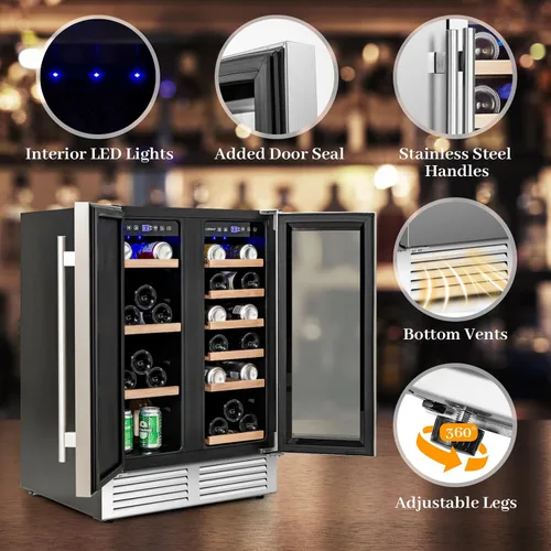 Vista 8 de COSTWAY Refrigerador de vino y bebidas, enfriador de bebidas de doble zona de 24 pulgadas con cerradura, puerta de acero inoxidable, refrigerador
