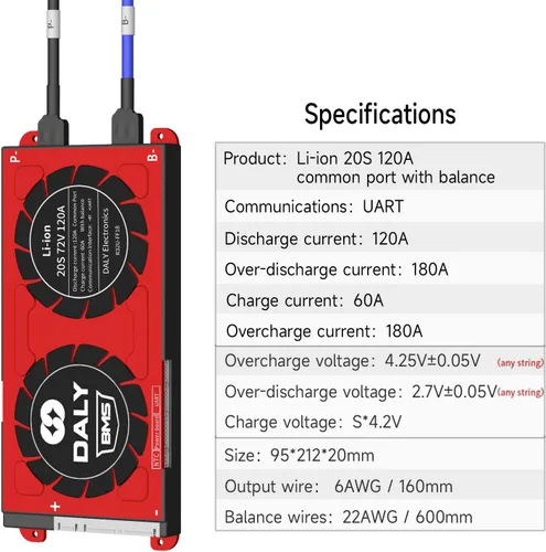 Vista 94 de DALY BMS 72V Li-ion 20S 30A Tablero de protección con cable de equilibrio de puerto común para panel solar autoconstruido, sistema de suministro