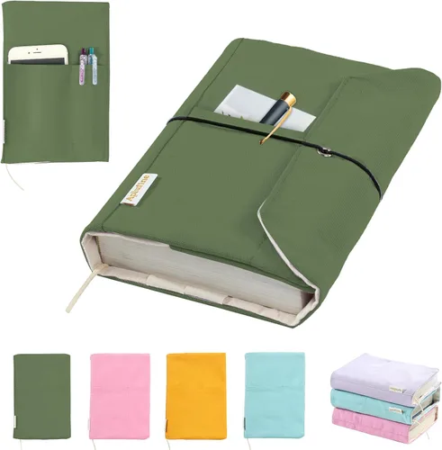 Vista 16 de Funda de lona para libros, fundas lavables y ajustables para tapa blanda y tapa dura, bolsillos para bolígrafos, regalo para amantes de los libros