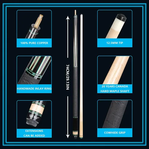 Vista 3 de CUEELF Taco de billar profesional con incrustaciones hechas a mano para adultos Solid Brass Joint Low Deflection Shaft 12.5mm Pro Tip & Inlay Ring