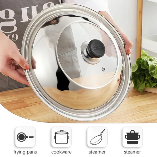 Vista 4 de Tapas de sartén de vidrio templado de 12.5 pulgadas con asa de repuesto, accesorios de wok para sartén, hierro fundido redondo, aluminio fundido