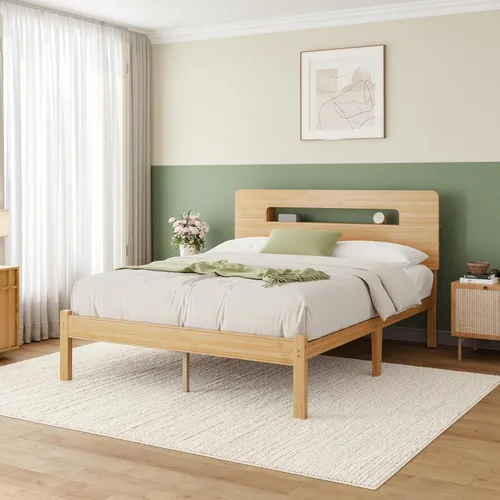 Vista 10 de ZIYOO Marco de cama de madera de bambú maciza tamaño individual con cabecera de almacenamiento, marco de cama plataforma de 14 pulgadas