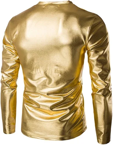 Vista 2 de WENKOMG1 Camiseta de manga larga para hombre color doradoplateadonegro metálico brillante con cuello redondo y cuello redondo blusa holgada