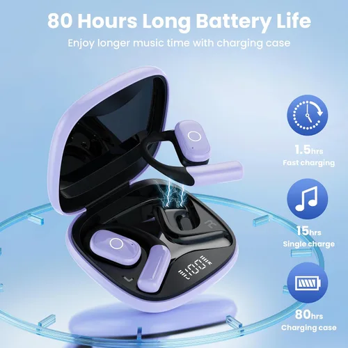 Vista 2 de Auriculares de oreja abierta, auriculares inalámbricos de 80 horas de reproducción, Bluetooth con ganchos para los oídos, Bluetooth 5.4, control