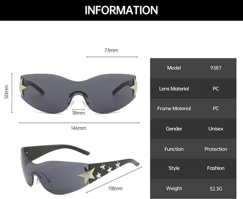Vista 3 de YAMEIZE Y2K - Gafas de sol envolventes con forma de estrella, diseño de pentagrama futurista de los años 2000, sin montura para mujeres y hombres