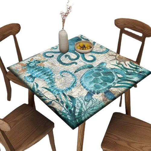 Vista 57 de Mantel redondo ajustable con borde elástico floral azul, mantel con borde elástico de estilo floral pastoral, almohadilla de mesa de poliéster