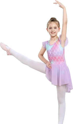 Vista 5 de iLover Vestido de leotardo clásico con mangas con volantes para niñas, para danza, gimnasia y ballet