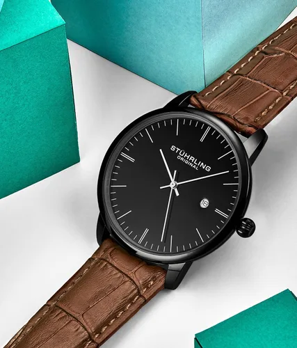 Vista 4 de Stuhrling Original Mens Watch Calfskin Leather Strap - Dress + Casual Design - Analog Watch Dial with Date, 3997Z Watches for Men Collection