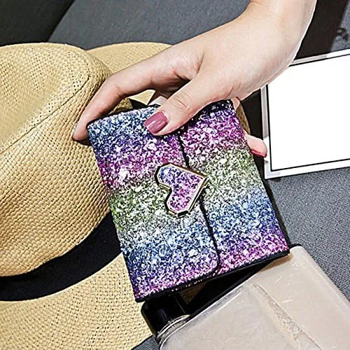 Vista 3 de Bestmaple Cartera pequeña de cuero sintético con lentejuelas de metal multicolor para mujeres y niñas, monedas, monedas, monedas, Botón de corazón.