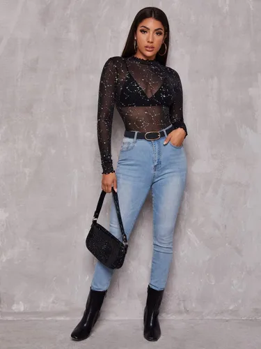 Vista 5 de Floerns - Blusas de malla transparente con estrellas de manga larga con cuello alto para mujer
