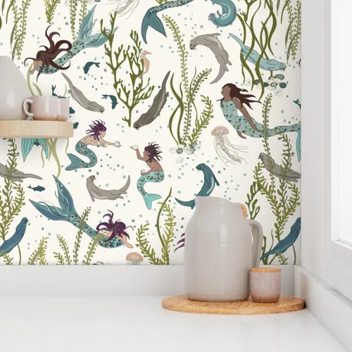 Vista 8 de Papel tapiz para despegar y pegar, diseño de sirenas nutrias, blanco, verde, azul, mar, océano, fondo de pantalla extraíble personalizado Spoonflower