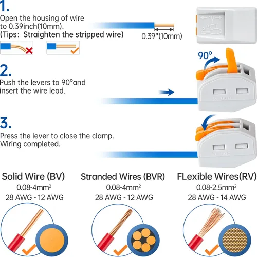 Vista 4 de 50 conectores de cable de palanca, conectores de empalme compactos para cables flexibles trenzados sólidos (2 conductores-naranja)