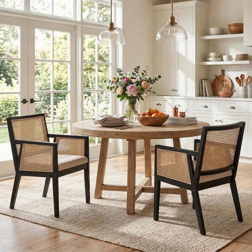 Vista 8 de HNY Juego de 2 sillas de comedor de ratán estilo granja, marco de madera maciza negra, asiento tapizado de lino, sillas de comedor ergonómicas