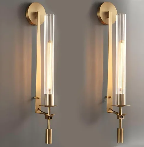 Vista 8 de LIGHTLAND Aplique de pared dorado, lámpara de pared moderna de metal y vidrio de 28 pulgadas, lámpara de pared para sala de estar, dormitorio