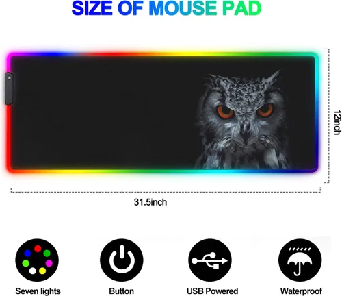 Vista 2 de Alfombrilla de mouse RGB para juegos 14 modos de luz grande extendida para teclado de computadora, búho, alfombrilla de mouse de alto rendimiento